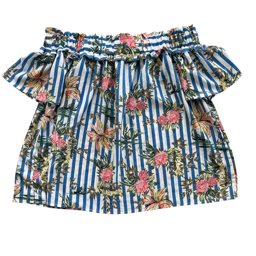 Entro Womens Small Blue White Stripe Floral Off The Shoulder Ruffle Blouse T9836